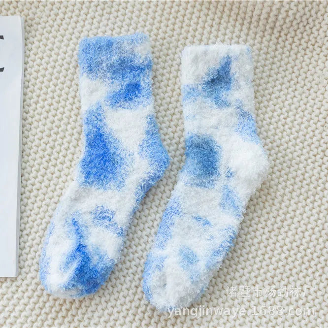 Lbsfy Socks Women Tie-dye Socks Ladies Warm Knee Winter Printing Thickened Coral Mink Fleece Girls Gift Hip Hop Floor Socks Stockings