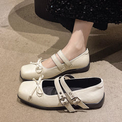 LBSFY -New Style Women's Square Toe Shoes Luxury Bow Flats Ladies Ballet Silver Belt Buckle Footwear Elegant Fashion Mary Jane Shoes