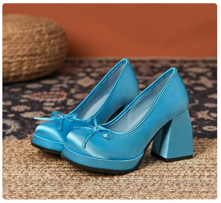 LBSFY  -   Women High Heels Lolita Shoes Platforms Block Heel Ballerinas Zapatos Mujer Satin Pumps