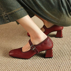 LBSFY  -  2024 New Genuine Leather Shoes Mary Janes Chunky High Heels Office Dress Shoes Square Toe Ladies Pumps