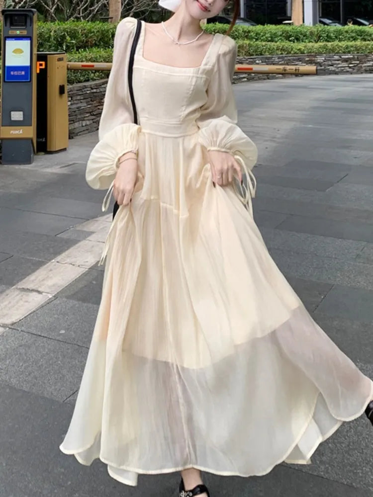 LBSFY -Fairy French Elegant Women Midi Dress Square-Collar Long Sleeve Slim Waist Dresses Sweet Casual 2025 New Mujer Vestidos Summer