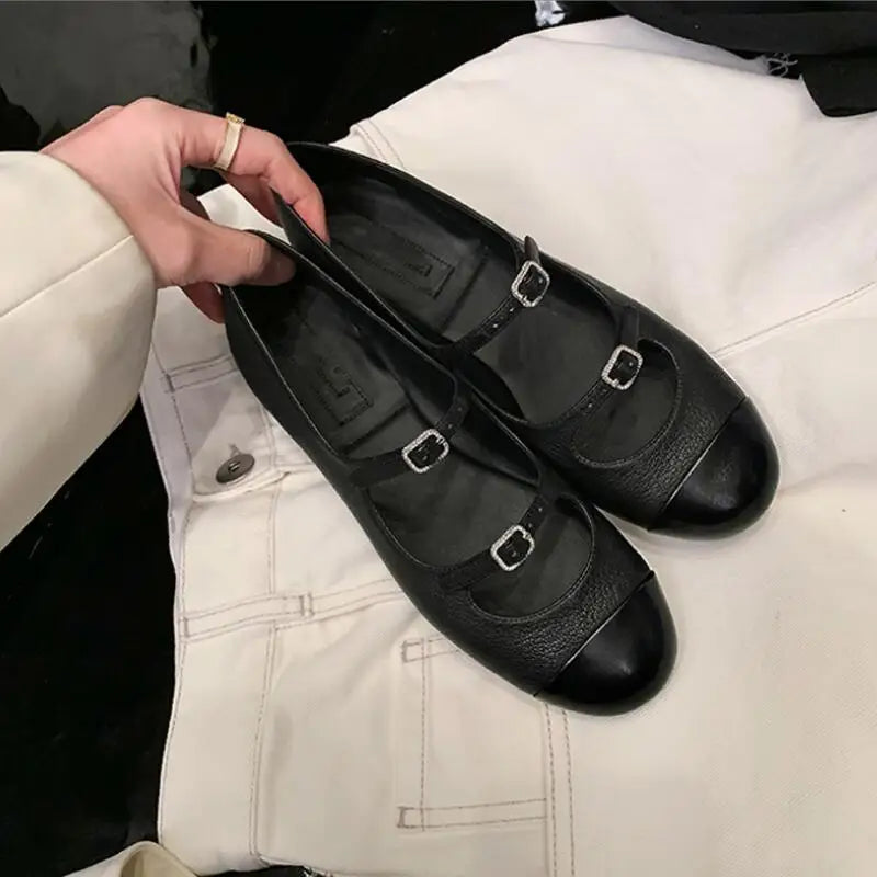 LBSFY  -  Designer Round Toe Mary Janes Women Buckle Ballets Shoes Ladies Mixe Color Ballerina Flats Party Wedding Loafers Shoes