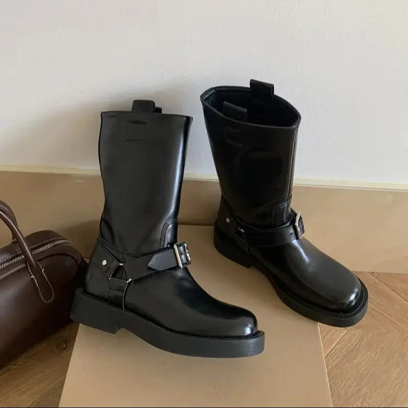 LBSFY  -   Mid Calf Boots Women Round Toe Black Pu Leather Buckle Block Heel Biker Shoes Wide Calf