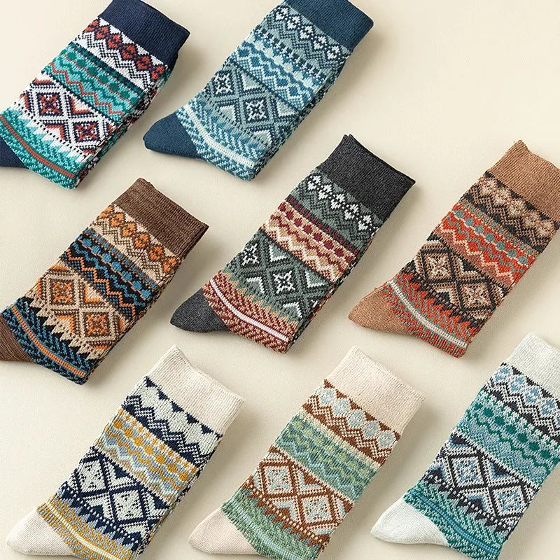 Lbsfy 3 Pairs Men's Retro Socks Ethnic Style Geometric Stripes Cotton Crew Socks Male Breathable and Sweat-absorbing Winter Warm Sock