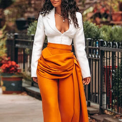 LBSFY  -  Autumn 2 Piece Set Women Fashion Solid Long Sleeve V Neck Zipper Slim Shirt Top Loose Pleated Irregular Pants Sets