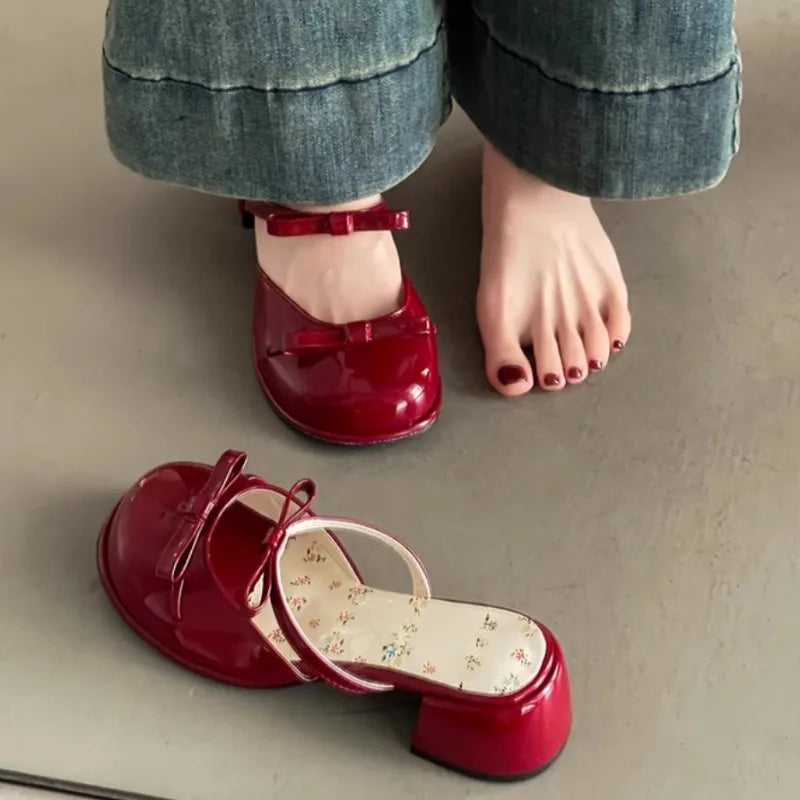 LBSFY -Small Floral Baotou Slippers for Summer Wear 2025 New Round Toe Shallow Mouth Bow with Skirt Block Heel High Heel Sandals