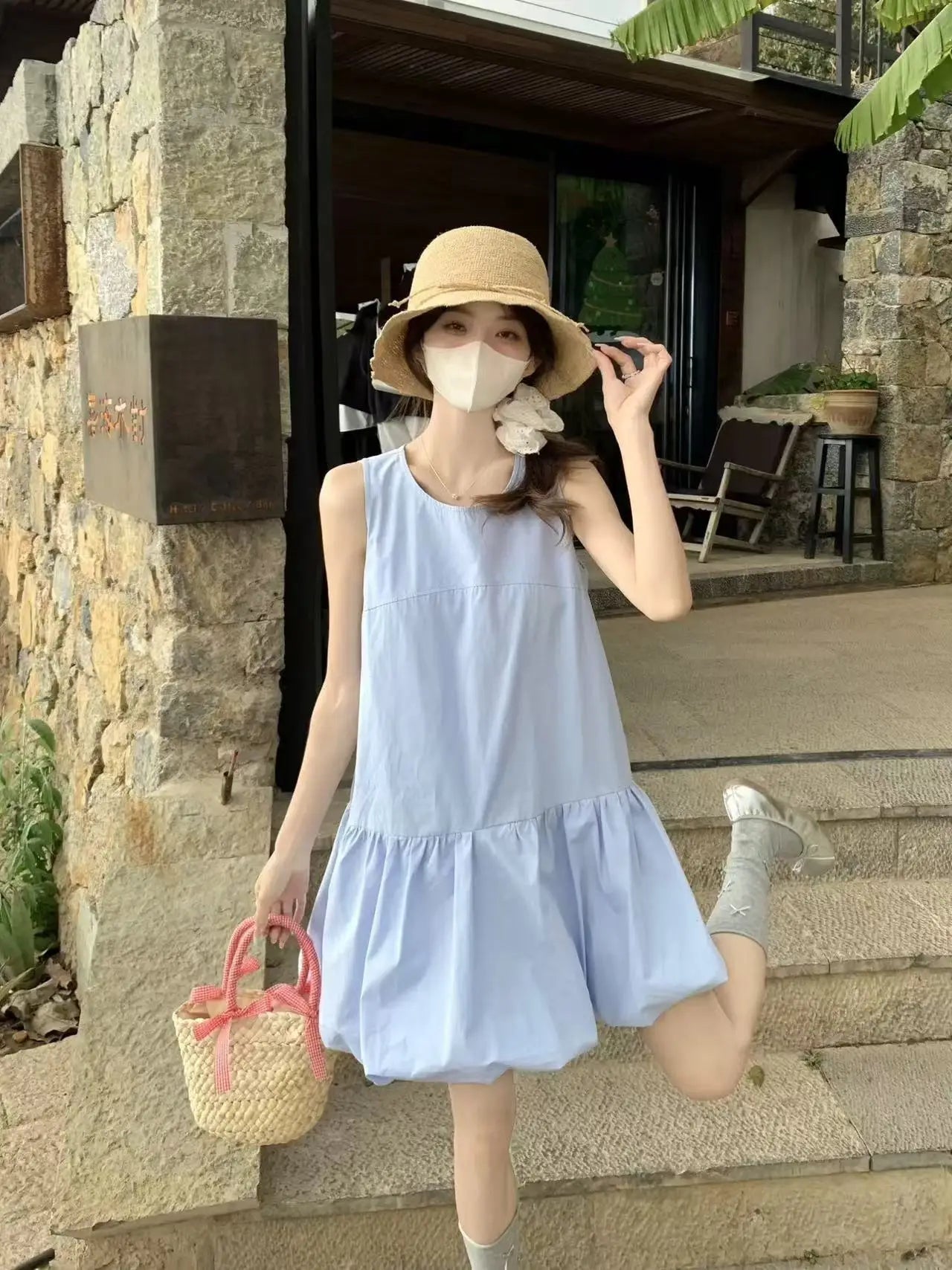 LBSFY -Summer Elegant Korean Solid Short Women's Dress Sweet Sleeveless O-Neck Loose-Fit Casual Office Lady Ball Gown Mini Skirt 2025