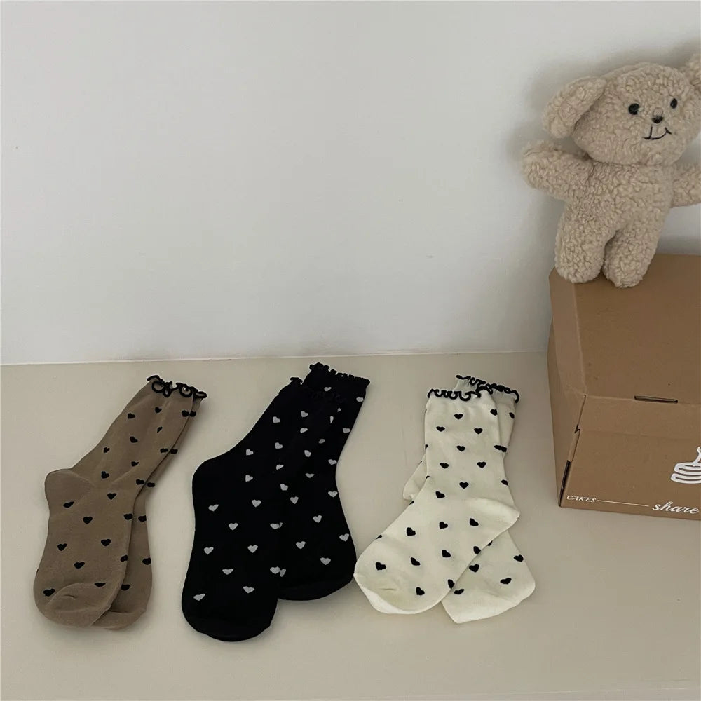 Lbsfy New Women Socks Cotton Ruffle Love Print Socks Middle Tube Autumn Spring Winter Sweet Style Socks Japanese Girls Socks
