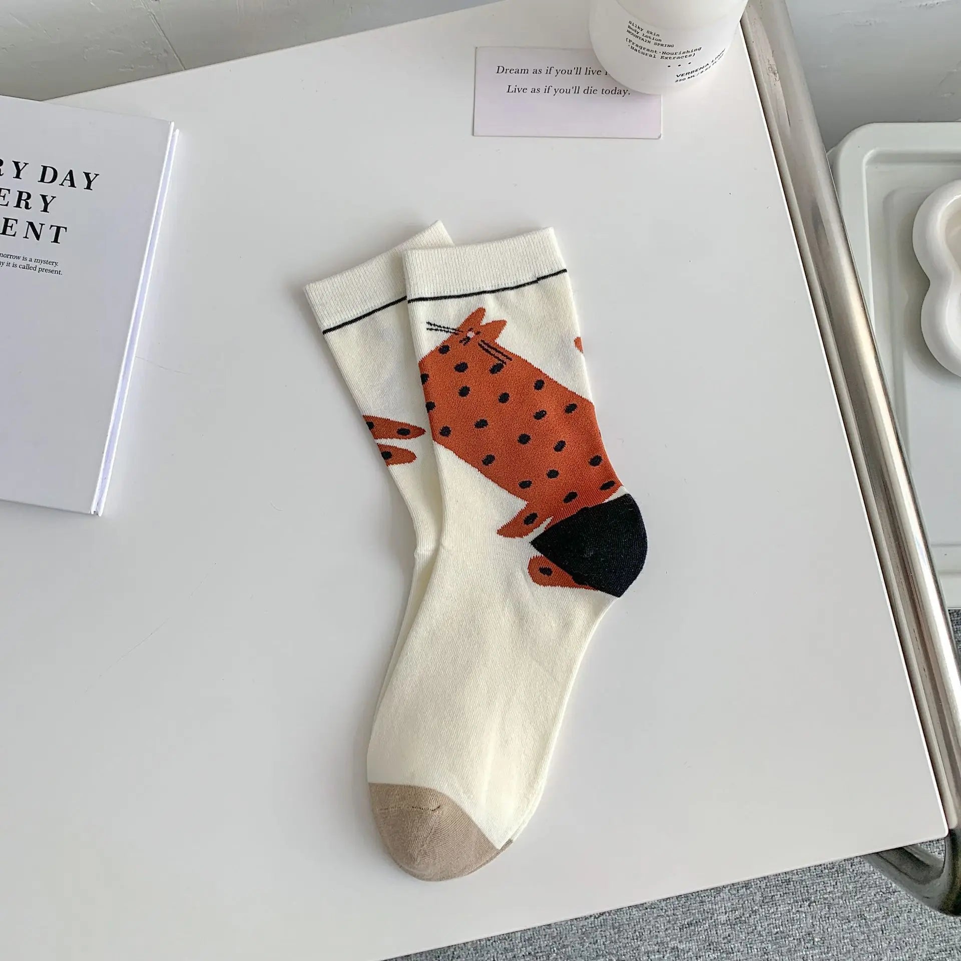 Lbsfy Women Socks Mid-tube Female Graffiti Illustration Stripe Cute Kawaii Harajuku Cartoon Cat Bear Animal Breathable Cotton Socks