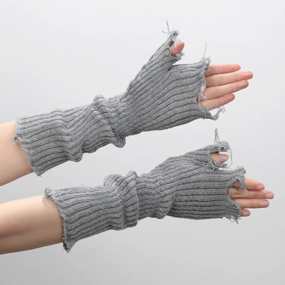 Lbsfy Gothic Anime Soft Gloves Autumn Winter JK Girls Mittens Oversleeve for Women Men Cool Tattered Style Cuff Fingerless Arm Warmers