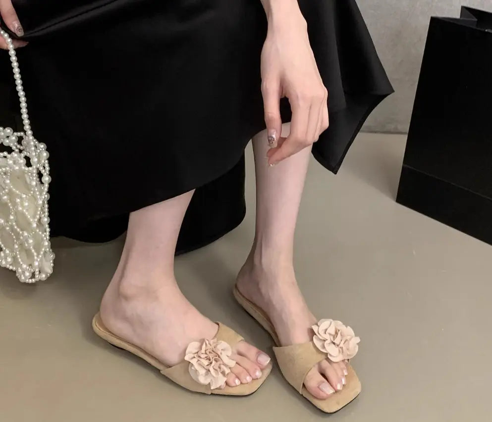LBSFY -Women French Flowers Slippers Summer Slides Open Toe Flat Casual Shoes Leisure Sandal Female Vacation Beach Flip Flops