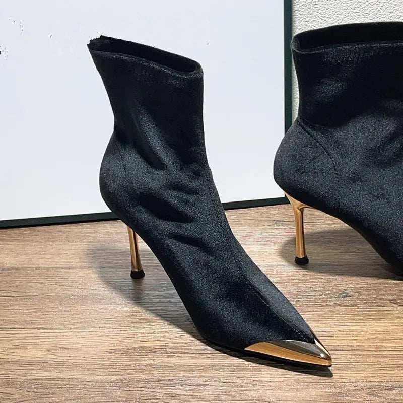 LBSFY -New Style Women's Concise Black Women Ankle Boots Pointed Toe Design Metal Decoration High Stiletto Heels Shoes Zapatos Mujer