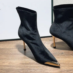 LBSFY -New Style Women's Concise Black Women Ankle Boots Pointed Toe Design Metal Decoration High Stiletto Heels Shoes Zapatos Mujer