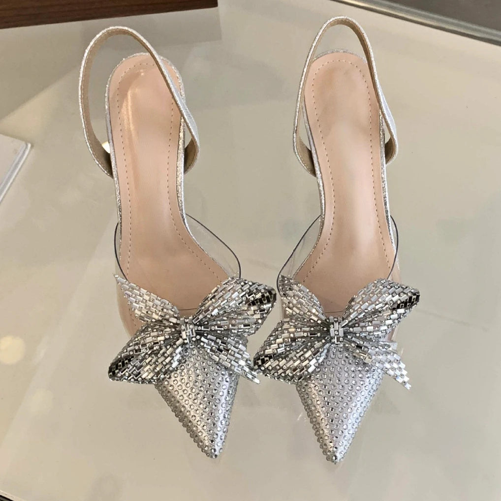 LBSFY  -  Designer Luxury Pointed Heels Woman Crystal Slingback Shoes Glitter Bow Bride Fine High Heel Sandals Female Muller Pumps Women