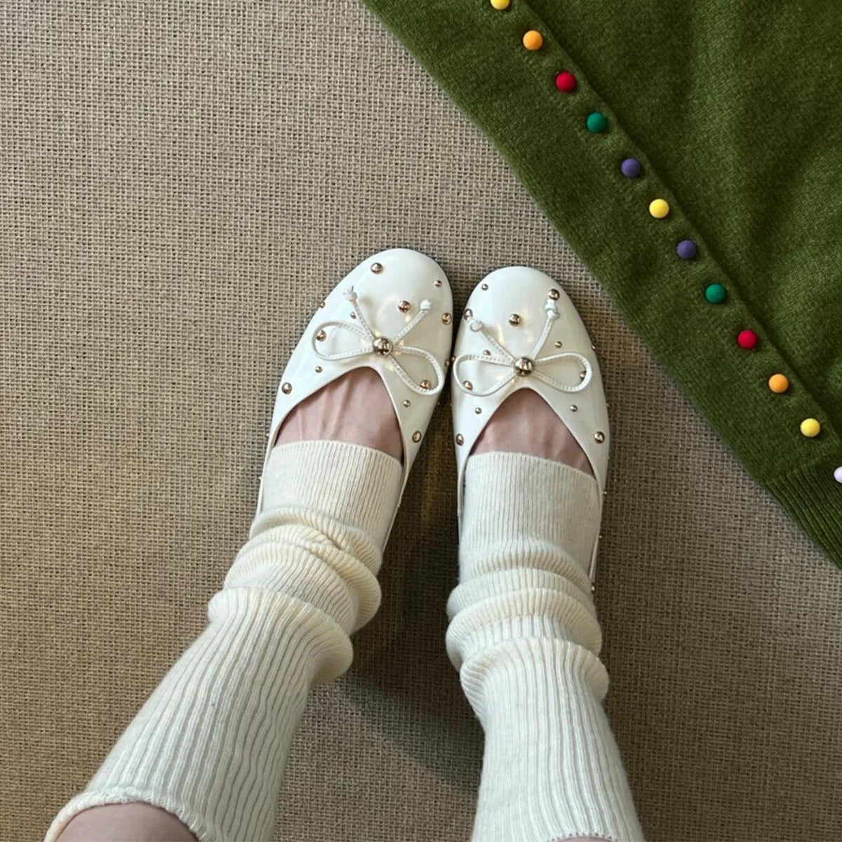 LBSFY -New Women Flat Shoes Autumn Round Toe Shallow Mouth Patent Leather Butterfly Knot Rivet Casual Shoes Soft Sole Single Shoes