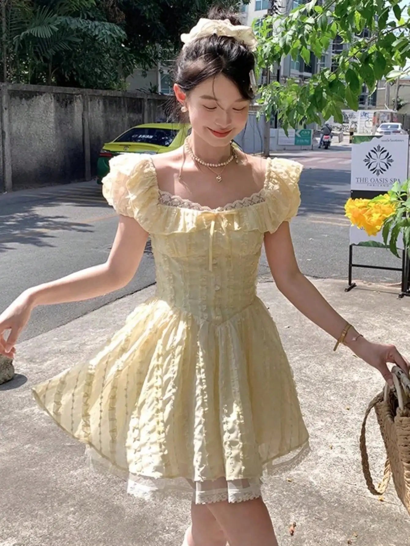 LBSFY -Y2K New Preppy Style Woman Mini Dress Sweet Yellow Lace Puff Sleeves Square-Collar A-Line Slim Waist Dresses French Elegant New