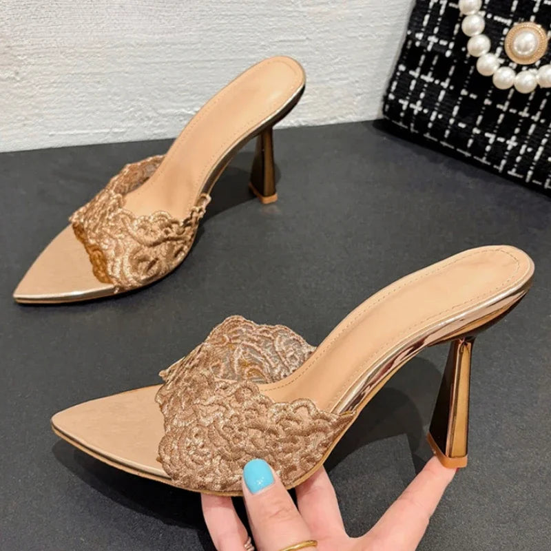 LBSFY  -  Embroidery Designer High Heels Slippers Women Sexy Pointed Toe Party Dress Shoes Summer Elegant Fashion Thin Heels Sandals Women
