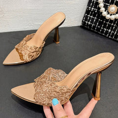 LBSFY  -  Embroidery Designer High Heels Slippers Women Sexy Pointed Toe Party Dress Shoes Summer Elegant Fashion Thin Heels Sandals Women