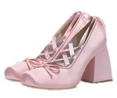 LBSFY  -  New Girls Light Blue Pink Beige Black Silk Cross Tied Bow Tie Front Square Toe Shallow Slip On Lace Up Lolita Pumps Ballet Shoes