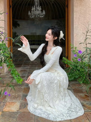 LBSFY -Elegant Fairy Womens Dresses Knitted Patchwork Flare Sleeves Princess Cake Long Dress Autumn Party Prom A-Line Vestidos Robe New