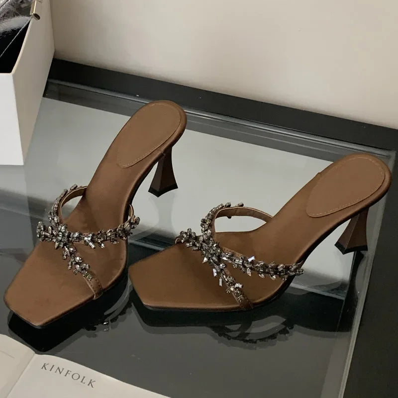 LBSFY -Street Style CRYSTAL Narrow Band Slippers Woman Open Toe Thin High Heels Sandals Stripper Party Slides Shoes