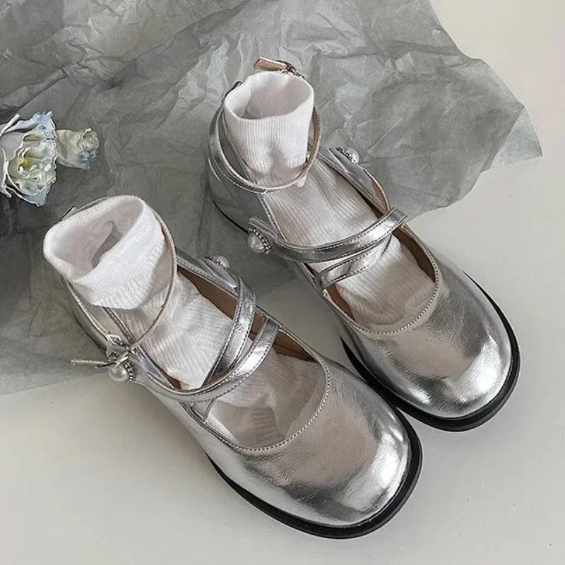 LBSFY -Ladies' Elegant  2025 Spring Style Women's Fashion One Line Buckle with Shallow Mouth Silver Mary Jane Single Shoes Square Heels