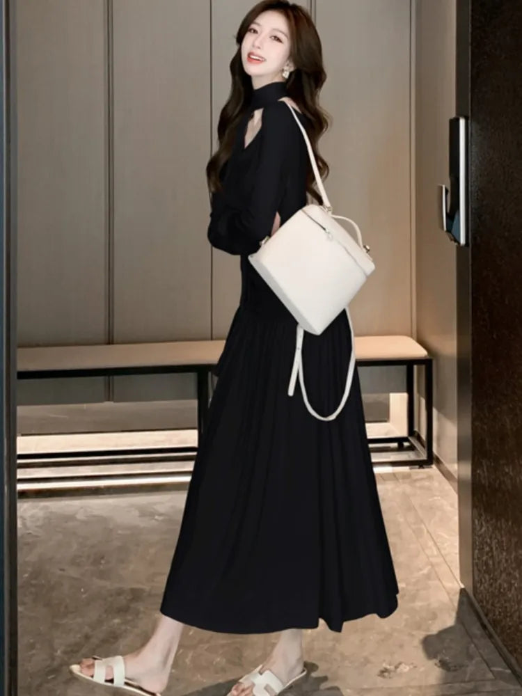 LBSFY -Elegant Solid Evening Dresses for Women Autumn Wedding Prom Robe Pleated Halter Long Sleeves Swinging Collar Vestidos Mujer New