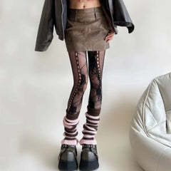 Lbsfy Y2K Floral Jacquard Sexy Stockings Women Gothic Punk Black Fishnet Pantyhose Harajuku Lolita Irregular Rose Holes Mesh Tights