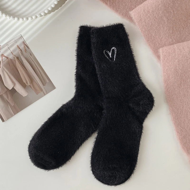Lbsfy women socks Lovely Cozy Hairy Mink Velvet Autumn Winter Hosiery Thickened Plush Warm Sleep Home Fluffy White love heart Socks