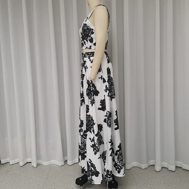LBSFY  -   Women Two Piece Set Summer Elegant V Neck Sleeveless Backless Floral Printed Vest Top Loose Long Skirt Sets Streetwear