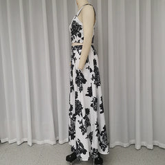 LBSFY  -   Women Two Piece Set Summer Elegant V Neck Sleeveless Backless Floral Printed Vest Top Loose Long Skirt Sets Streetwear