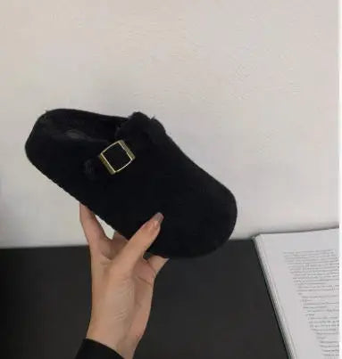 LBSFY -Fashion Women Slippers Mules Fur Women Shoes Winter Buckle Flats Platform Walking Plush Ladies Slides Casual Warm Indoor Boots