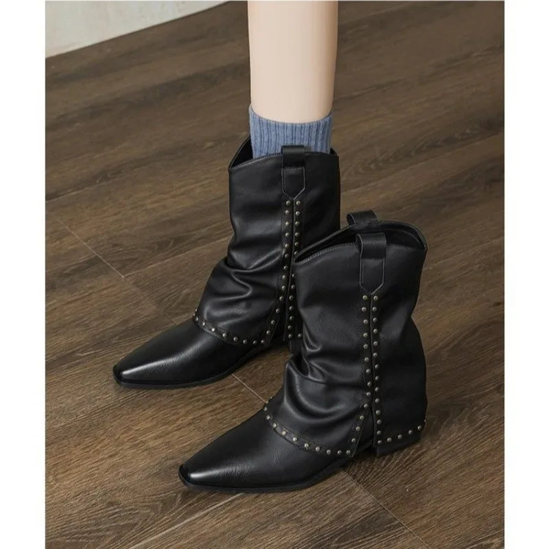LBSFY -New Style Luxury Women's Cowgirl Boots Fashion Slip on Ladies Elegant Square Heel Long Pipe Boots Shoes Retro Zapatos Mujer
