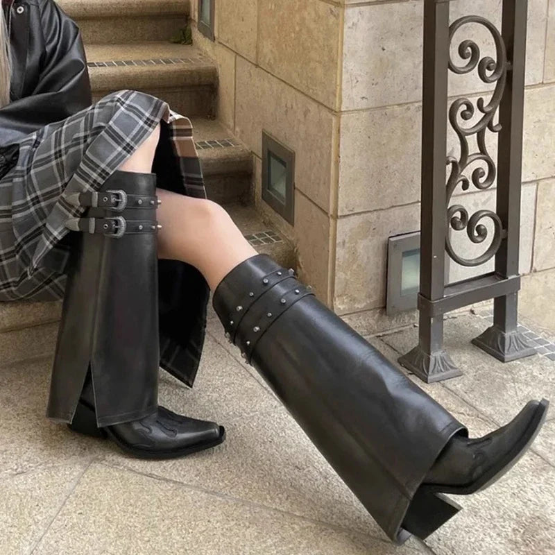 LBSFY  -  Autumn Cowboy Boots For Women Fashion Slip On Long Pipe Boots Female Square High Heel Trend Winter Footwear