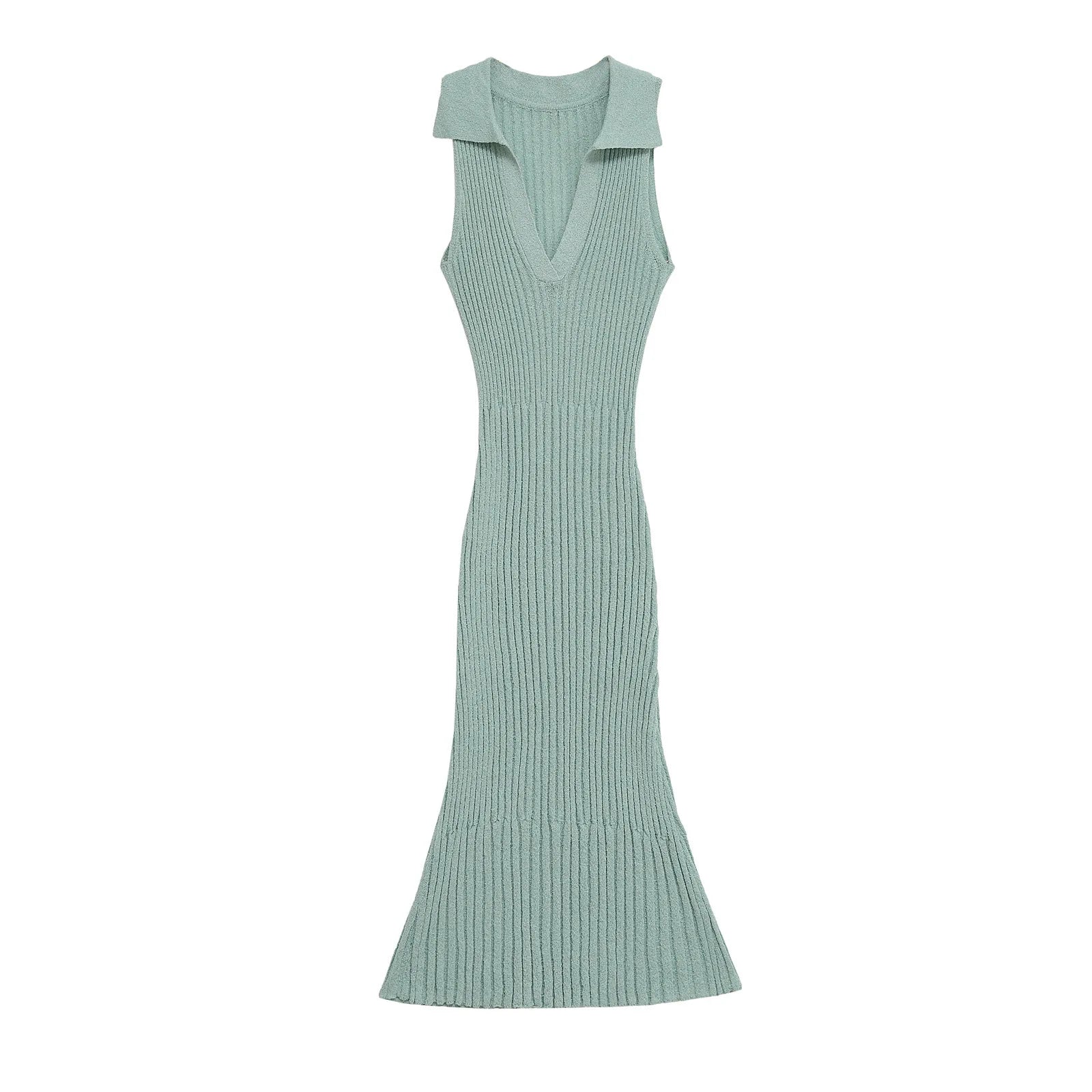 LBSFY -fit V-neck sleeveless long dress turn down collar tight green knitting summer dress simple casual female clothing