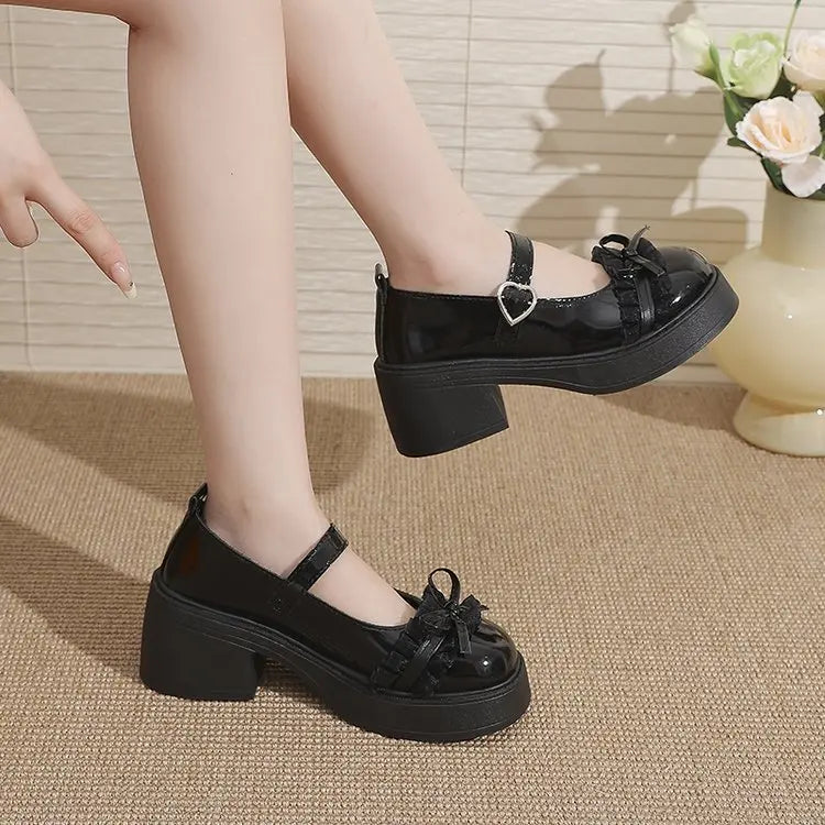 LBSFY -Ankle Buckle Chunky Heels Bow Women Japanese Style Patent Leather Mary Jane Shoes Woman Punk Thick Heels Single Lolita Shoes