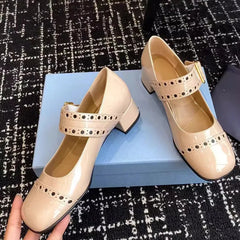 LBSFY  -   Fashion Patent Leather Hollow out Mary Janes Women Pumps Spring Summer Vintage Belt Buckle Chunky heels Girl Shoes Zapatos Mujer