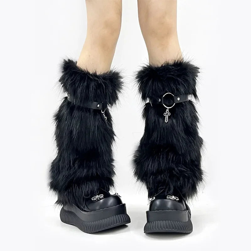 Lbsfy Punk Cross Strap Fur Leg Warmers PU Belt Thickened Imitation Rabbit Women Leggings Boots Cover Lolita Harajuku Party Accessories