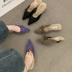 LBSFY -New High Heel Plush Slides Woman Fashion Elegant Pointed Toe Lamb Hair Slippers Ladies Luxury Plush Evening Party Pump Shoes