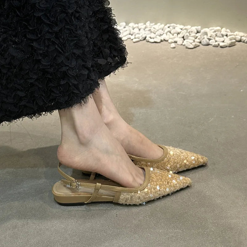 LBSFY  -  New Bling Women Sandals Fashion Pointed Toe Shallow Slip On Ladies Elegant Slingback Shoes Flat Heel Dress Shoes Mujer