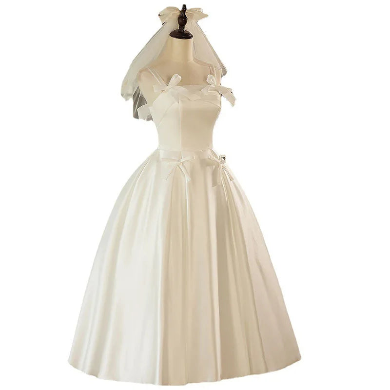 LBSFY -Customized Bow Simple Sling Evening Dresses Slim Waist Solid Elegant Temperament Prom Dress Korean Chic Wedding Party Vestidos