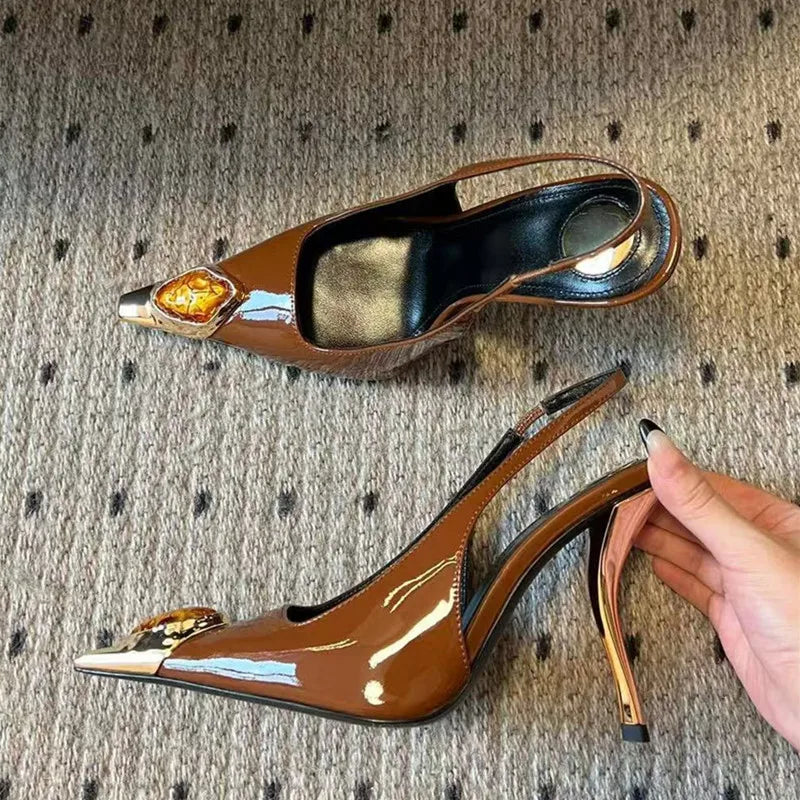 LBSFY  -  Star style Gemstone Metal Toe Patent Leather Women Pumps Fashion Stiletto High heels Spring Autumn Slingbacks Party Dress Shoes