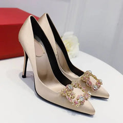 LBSFY  -  Luxury Rhinestone Pointed Toe Women Pumps Elegant Crystal Wedding Bridal Shoes Satin Silk Square Button Design Mules High Heels