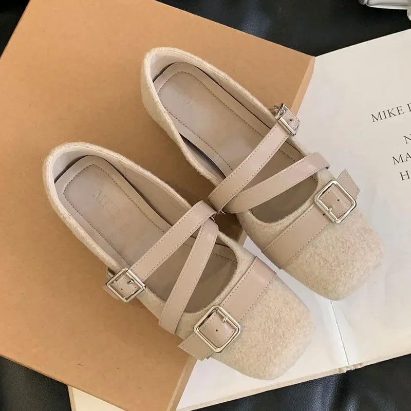Lbsfy Belt Buckle Design Flat Mary Jane Shoes Women Comfort Soft Sole Leisure Women Shoes Shallow Fashion Elegant Ballet Shoes Female