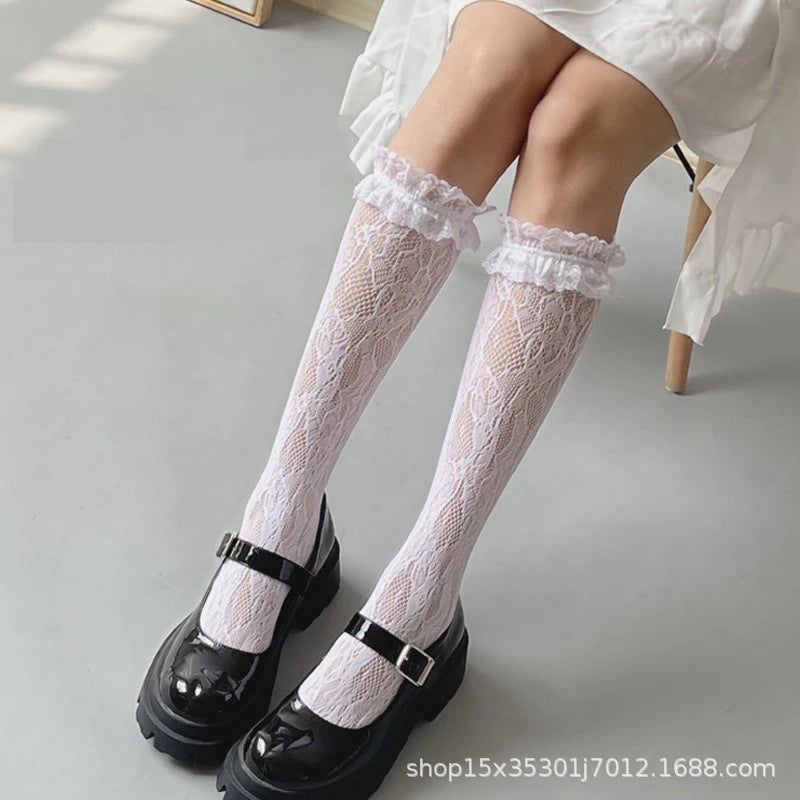 Lbsfy Solid Color Bowknot Hollow Lace Stockings Woman Summer Middle Tube JK Lolita Cute Socks Black White Fishnet Stockings for Women