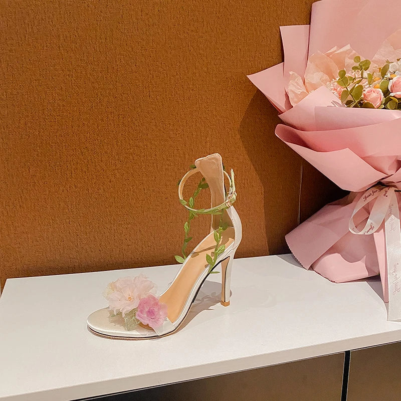 LBSFY  -  New Pink Countryside Chiffon Flower Fantasy High Heels, Straight Vine Strap Sandals