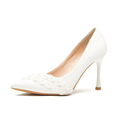 LBSFY  -  Size 30-44 White Wedding Shoes Sardine Satin Pointed Toe Stiletto Heels Women Pearls Dress Sheos