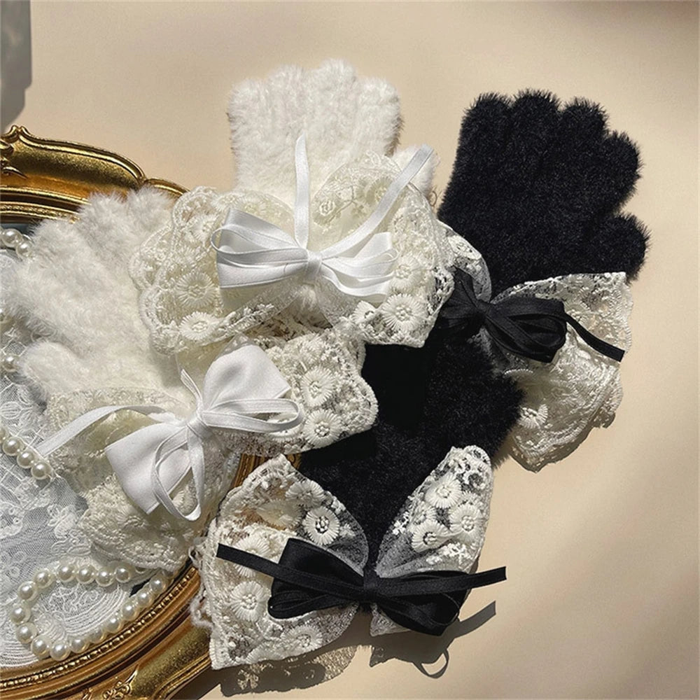 Lbsfy Lolita Winter Warm Knitted Full Finger Gloves Women's Ribbon Ties Lace Touch Screen Gloves Lady Thickened Fleece Woolen Mittens