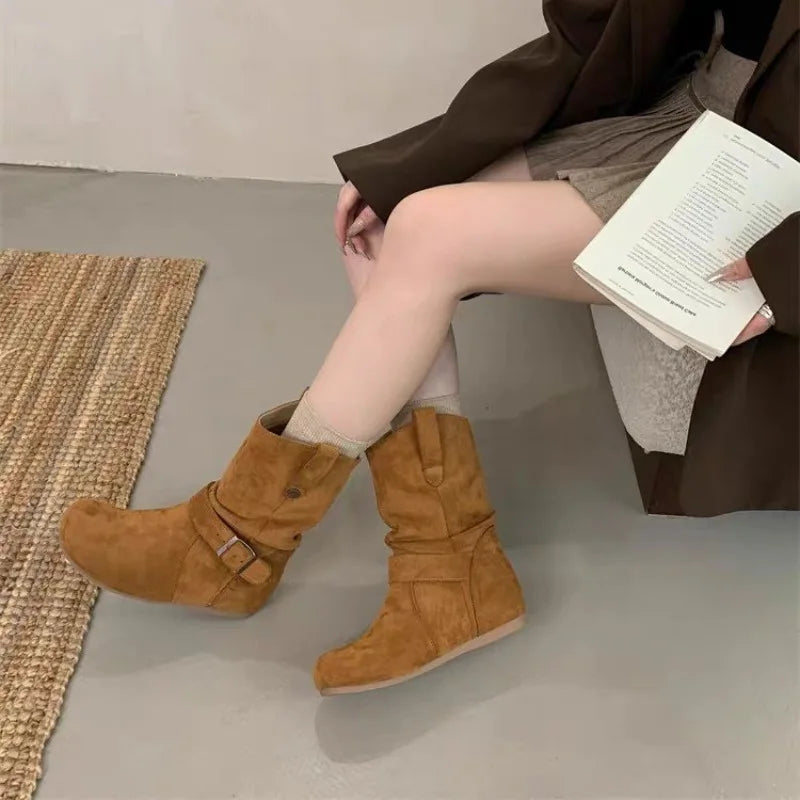 LBSFY -New Style Women's Solid Round Head Chunky Heel Sleeve Western Retro Mid Calf Leather Boots Ladies Retro Platform Cowboy Boots