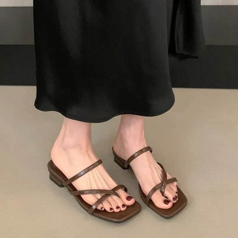 LBSFY -Summer Square Low Heel Women Slipper Fashion Narrow Band Ladies Sandal Outdoor Beach Casual Slides Shoes Mujer